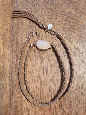Braided Tan Leather Bracelet with Pink Stone Accent